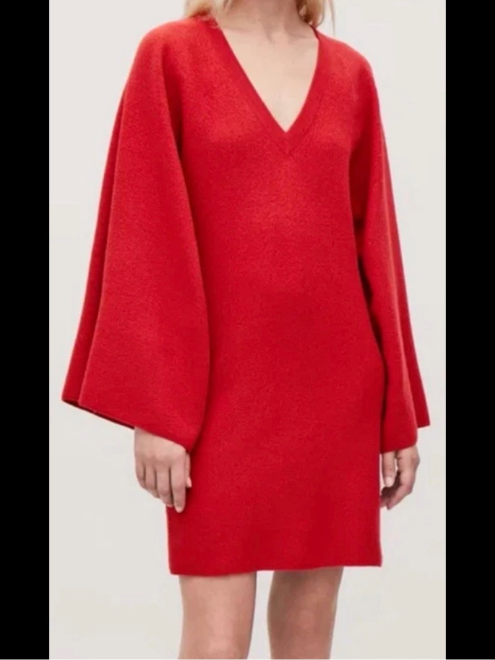COS Fine Knit 100% Wool Red V-Neck Kimono Cape Sleeve Mini Dress Size XS
